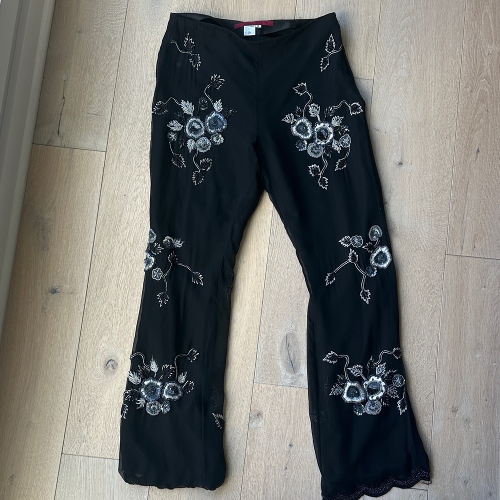 Embroidered Black Floral Women's Pants